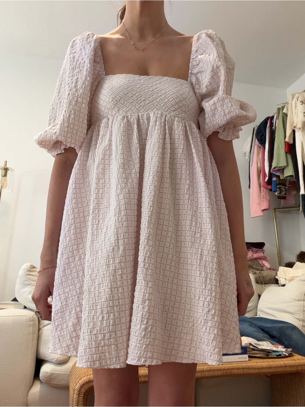 Textured Square-Neck Puff Sleeve Mini Dress - Light Blush